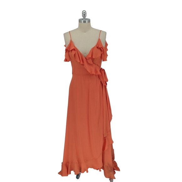 Women's Silk Ruffle Wrapped Maxi Dress Orange Size M/L - Picture 1 of 10